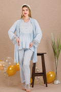 Lace Sleeve 3-Piece Maternity Feeding-Friendly Pajama & Robe Set Blue - Y33005
