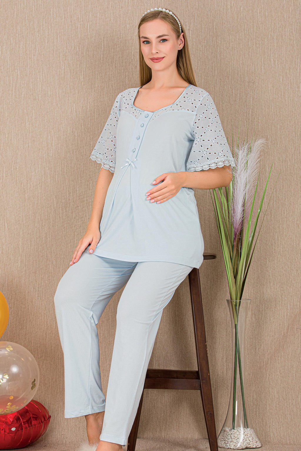 Festoon Maternity Feeding-Friendly Pajama Set Blue - Y33207