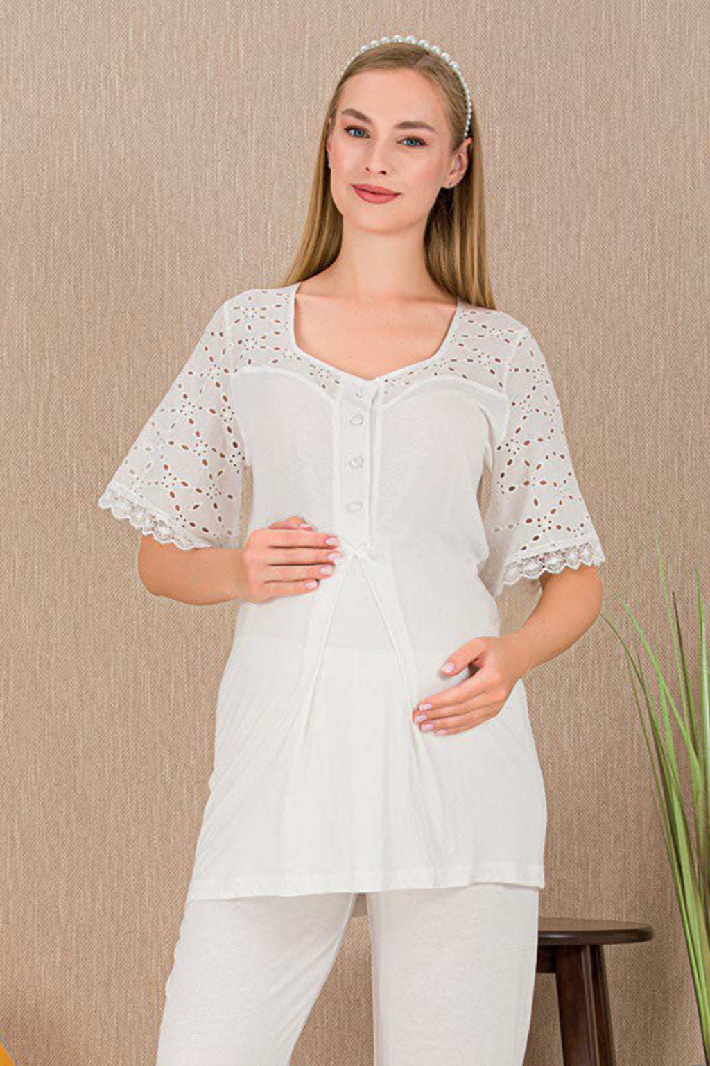 Festoon Maternity Feeding-Friendly Pajama Set Ecru - Y33207