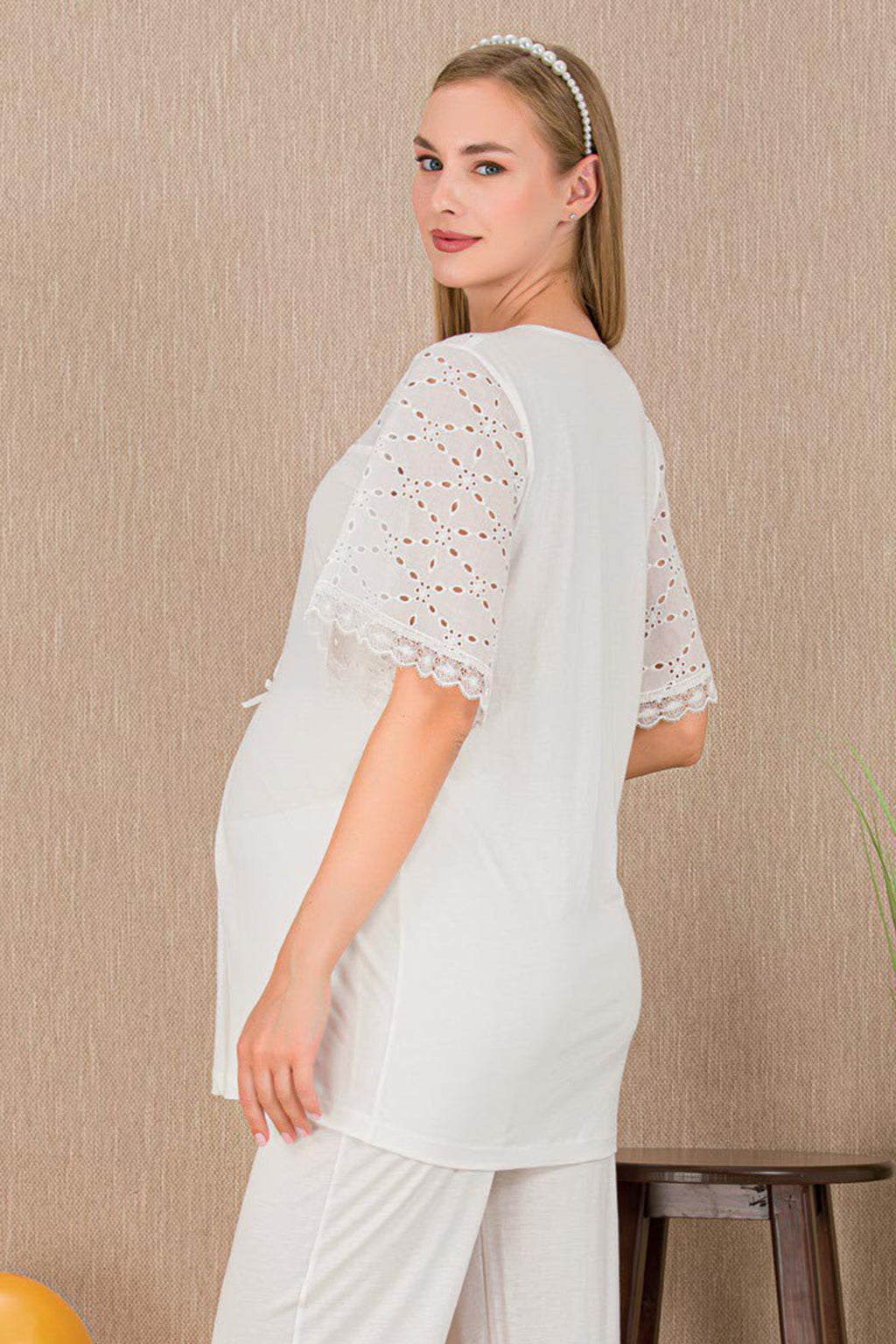 Festoon Maternity Feeding-Friendly Pajama Set Ecru - Y33207