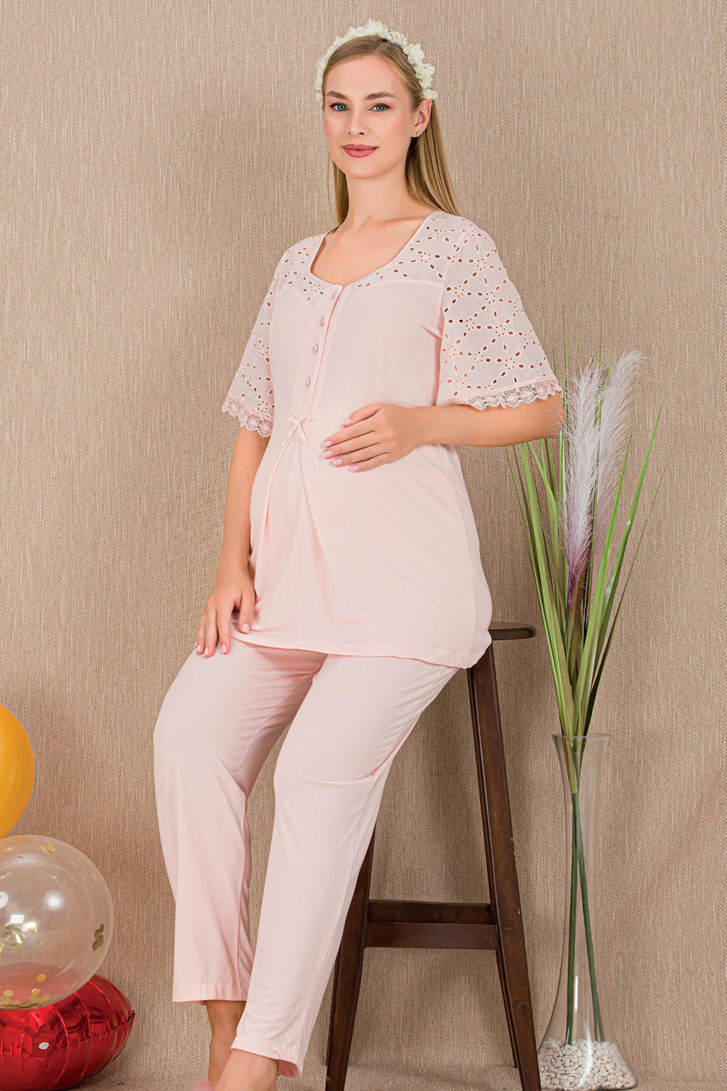 Festoon Maternity Feeding-Friendly Pajama Set Pink - Y33207