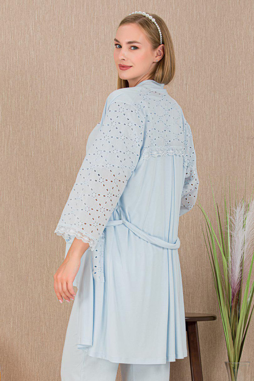 Festoon 3-Piece Maternity Feeding-Friendly Pajama & Robe Set Blue - Y33006