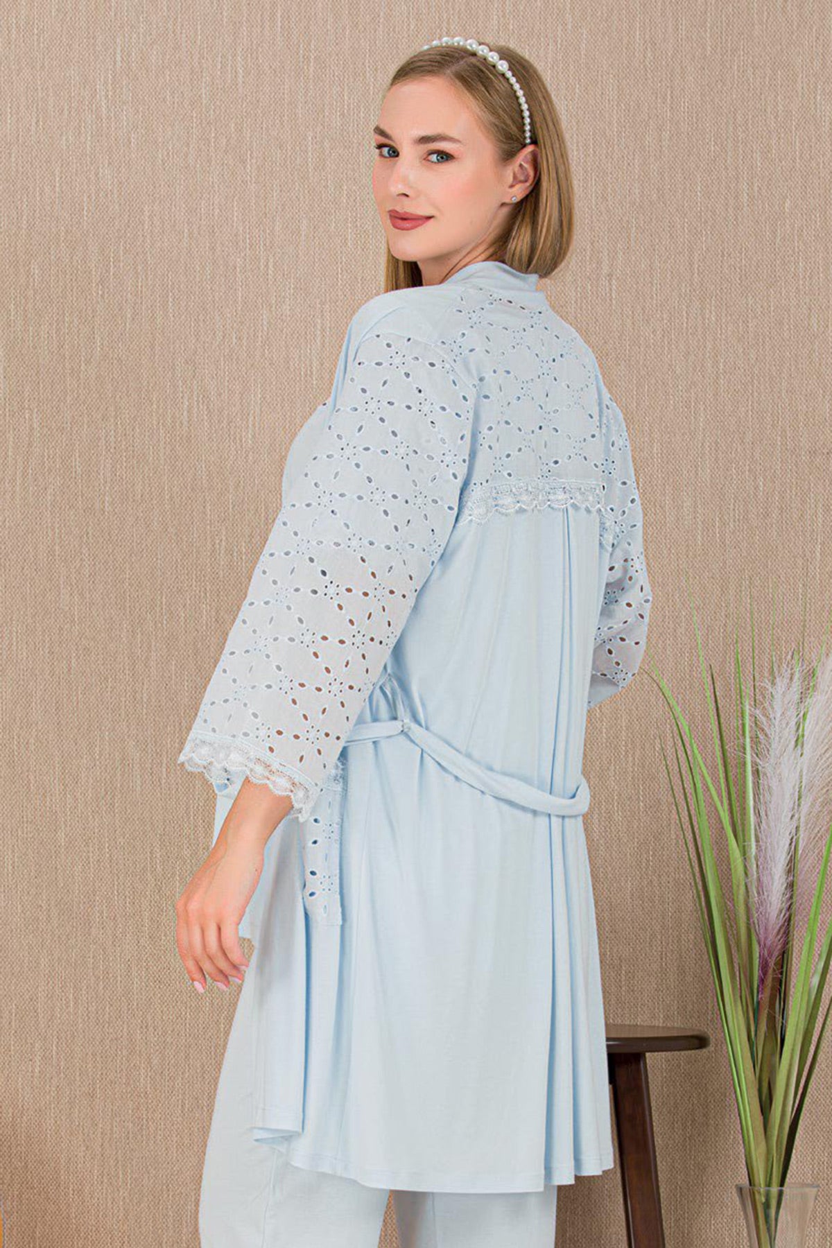 Festoon 3-Piece Maternity Feeding-Friendly Pajama & Robe Set Blue - Y33006