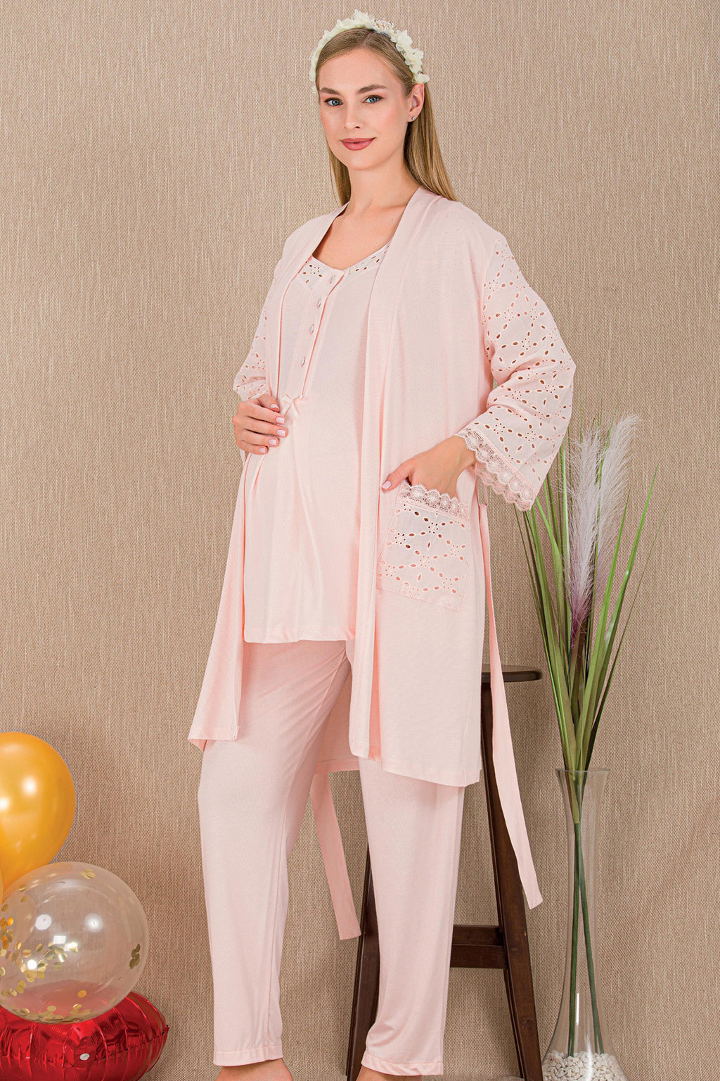 Festoon 3-Piece Maternity Feeding-Friendly Pajama & Robe Set Pink - Y33006