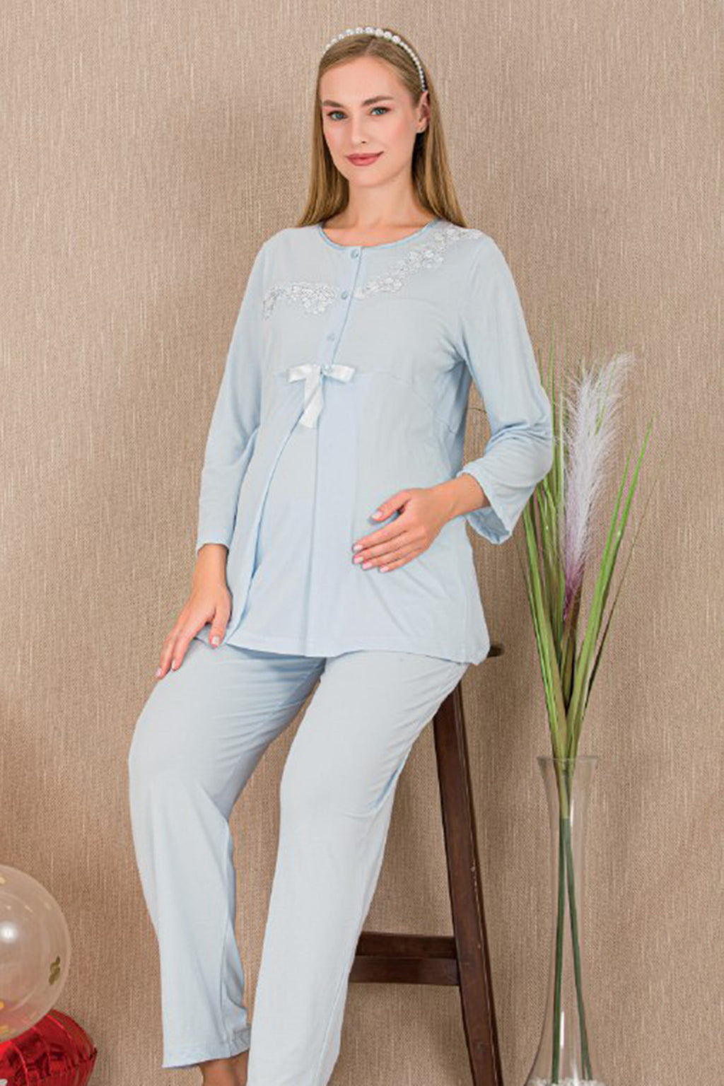 Lace Detailed 3-Piece Maternity Feeding-Friendly Pajama & Robe Set Blue - Y33007