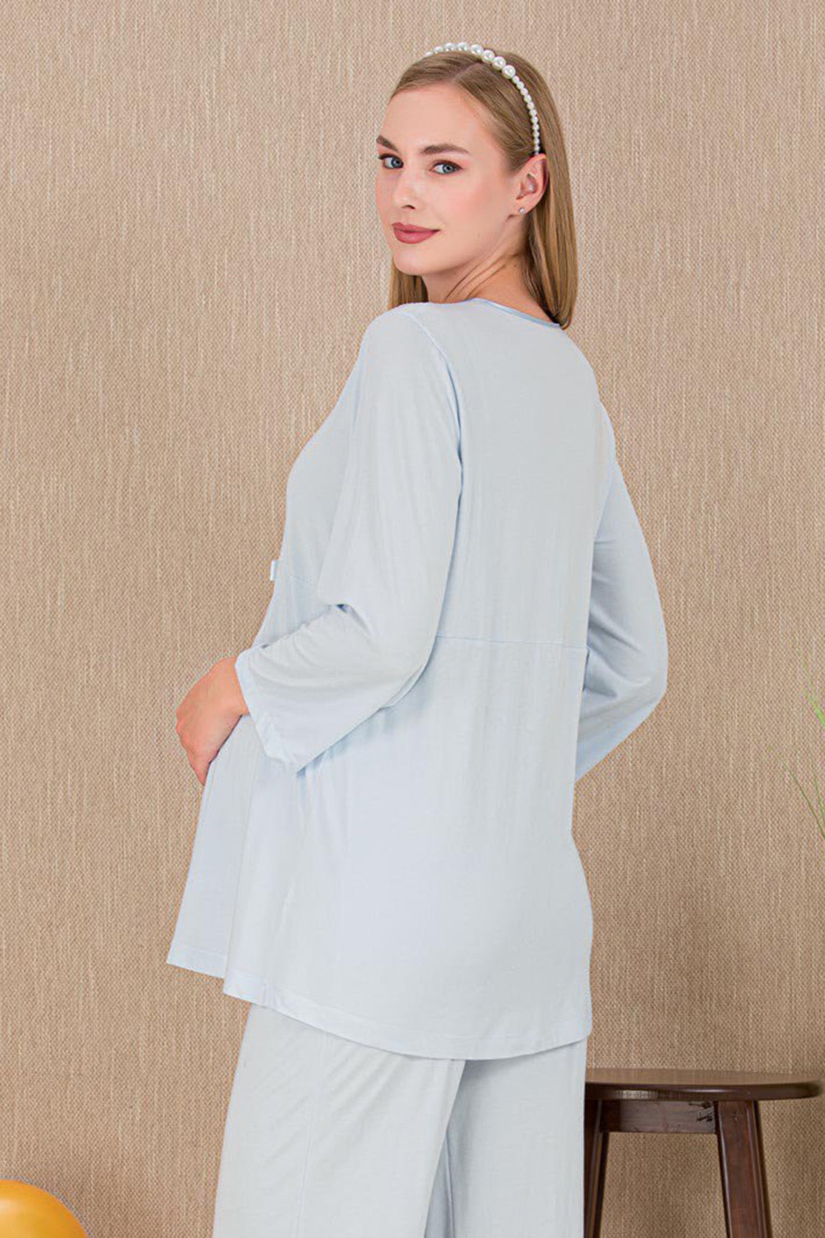Lace Detailed Maternity Feeding-Friendly Pajama Set Blue - Y33209