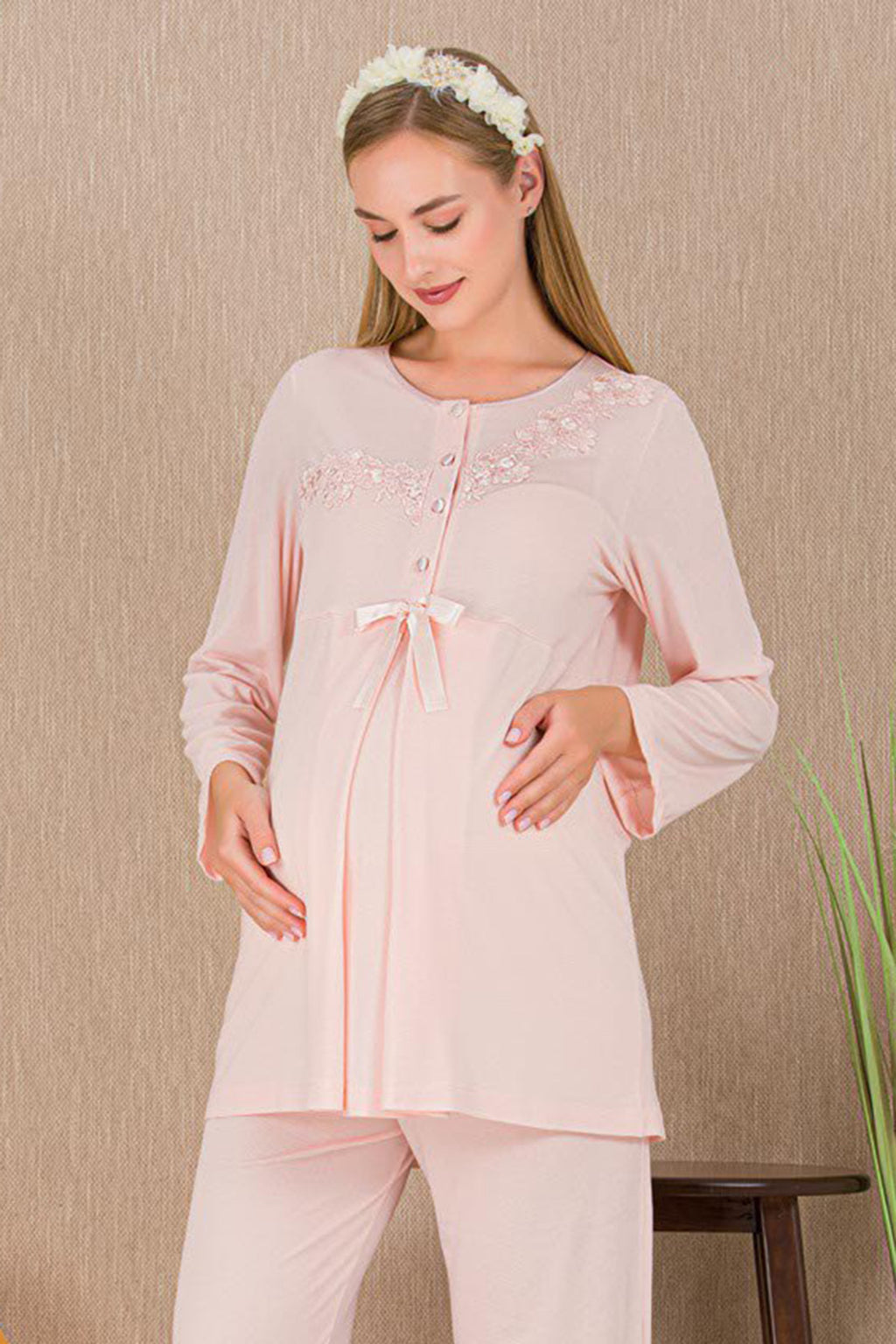 Lace Detailed Maternity Feeding-Friendly Pajama Set Pink - Y33209