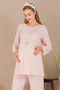 Lace Detailed Maternity Feeding-Friendly Pajama Set Pink - Y33209
