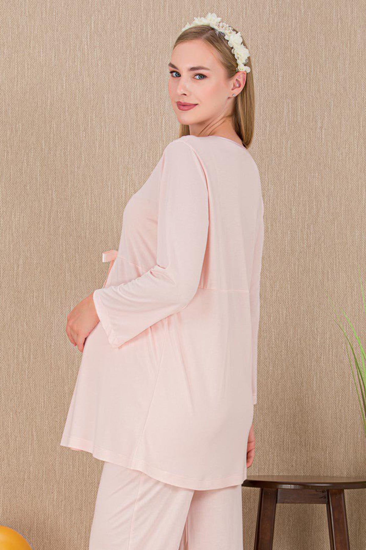 Lace Detailed Maternity Feeding-Friendly Pajama Set Pink - Y33209