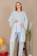 Lace Detailed 3-Piece Maternity Feeding-Friendly Pajama & Robe Set Blue - Y33007