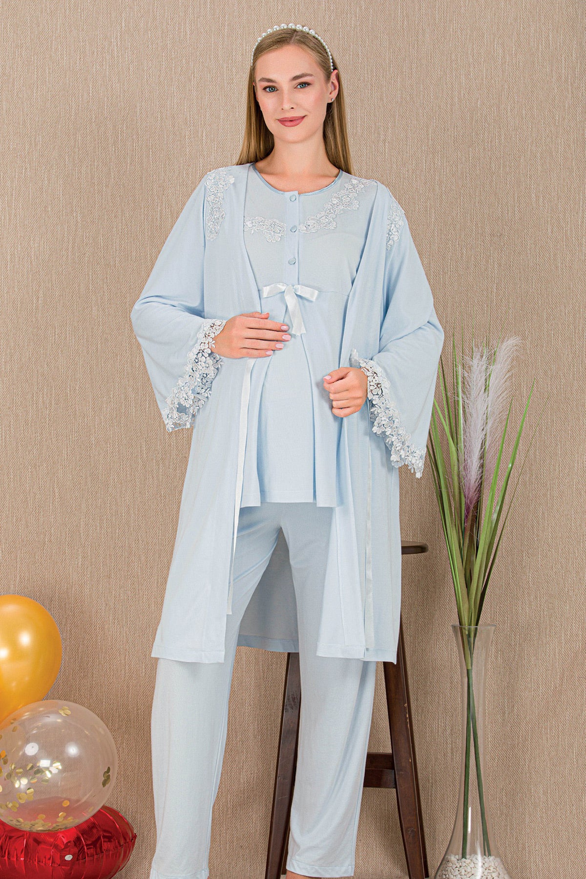 Lace Detailed 3-Piece Maternity Feeding-Friendly Pajama & Robe Set Blue - Y33007