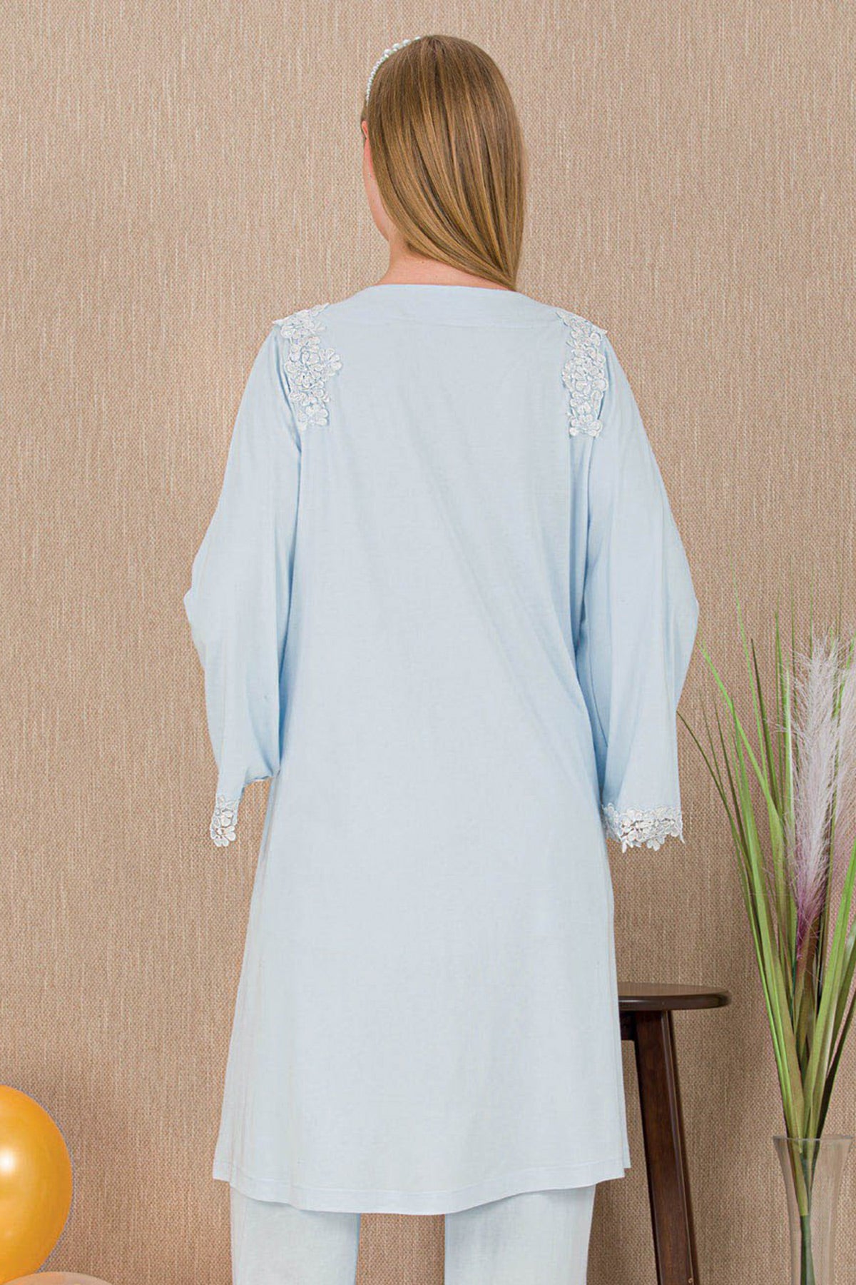 Lace Detailed 3-Piece Maternity Feeding-Friendly Pajama & Robe Set Blue - Y33007