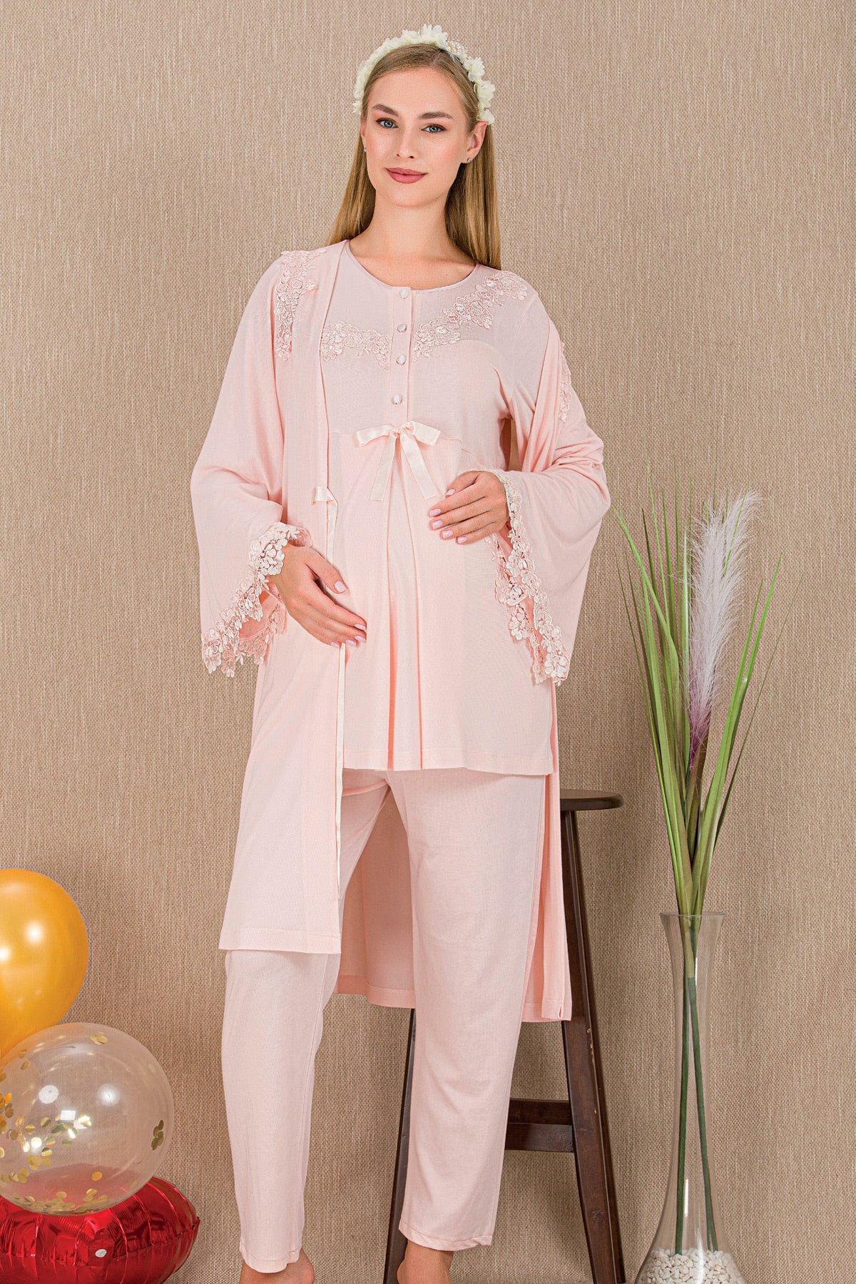 Lace Detailed 3-Piece Maternity Feeding-Friendly Pajama & Robe Set Pink - Y33007