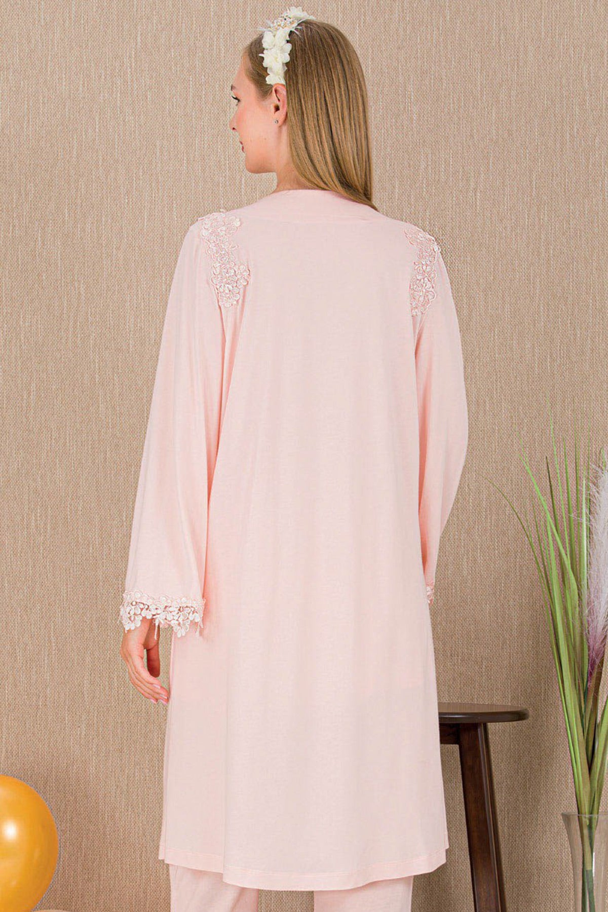 Lace Detailed 3-Piece Maternity Feeding-Friendly Pajama & Robe Set Pink - Y33007