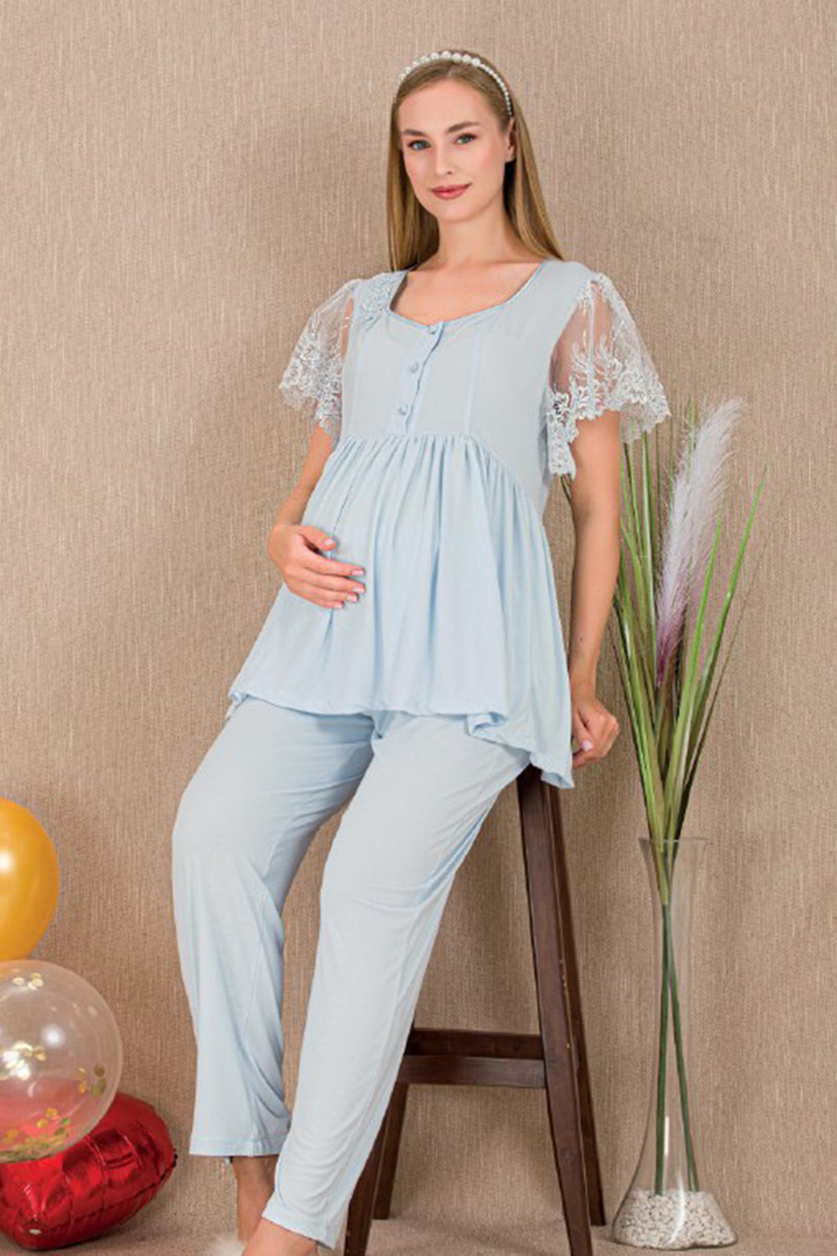 Lace Embroidered Maternity Feeding-Friendly Pajama Set Blue - Y33210