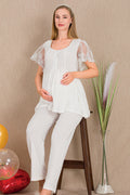 Lace Embroidered Maternity Feeding-Friendly Pajama Set Ecru - Y33210
