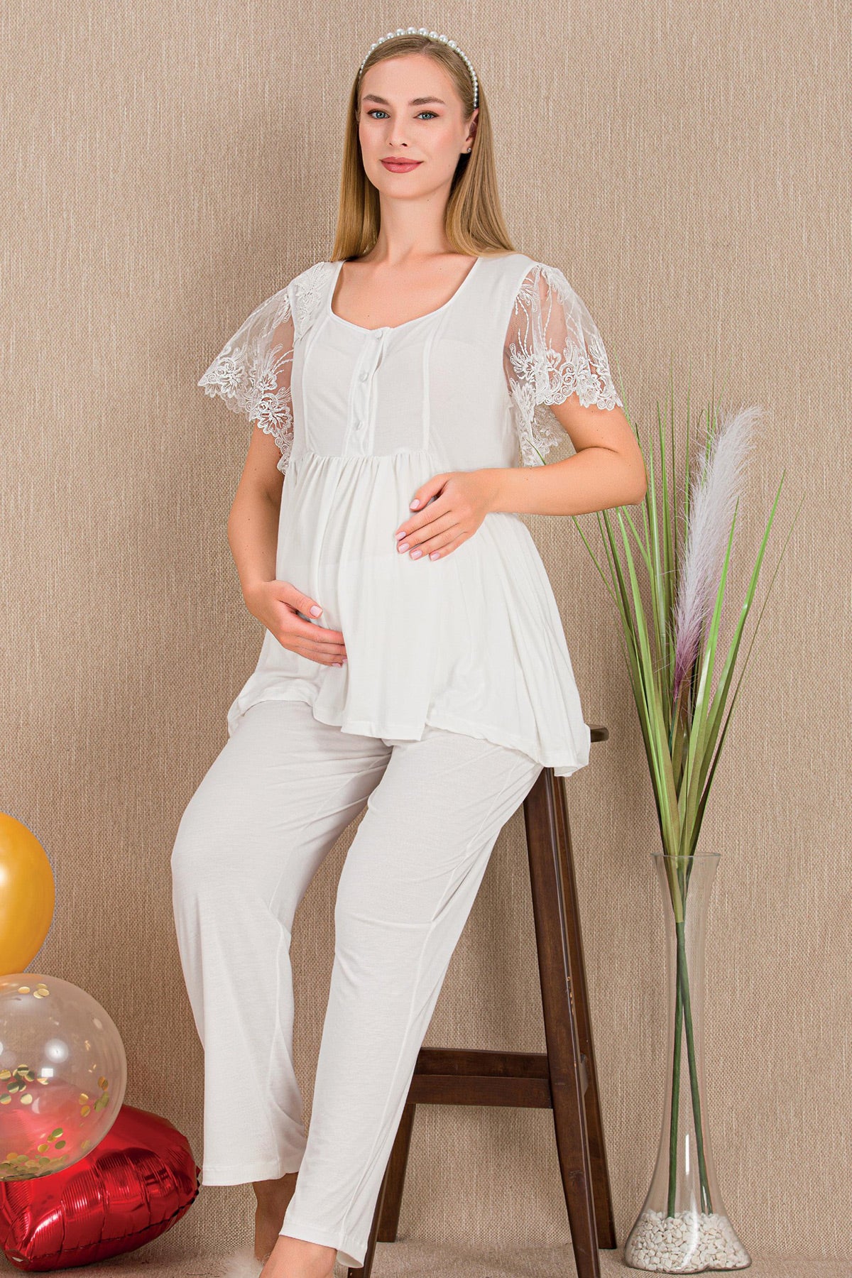 Lace Embroidered Maternity Feeding-Friendly Pajama Set Ecru - Y33210
