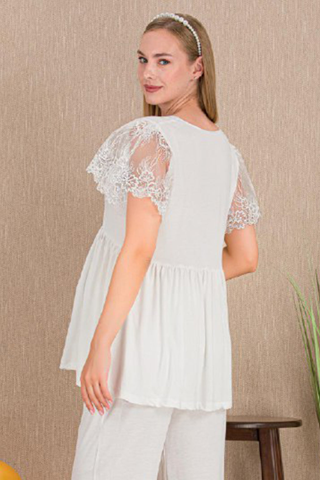 Lace Embroidered Maternity Feeding-Friendly Pajama Set Ecru - Y33210