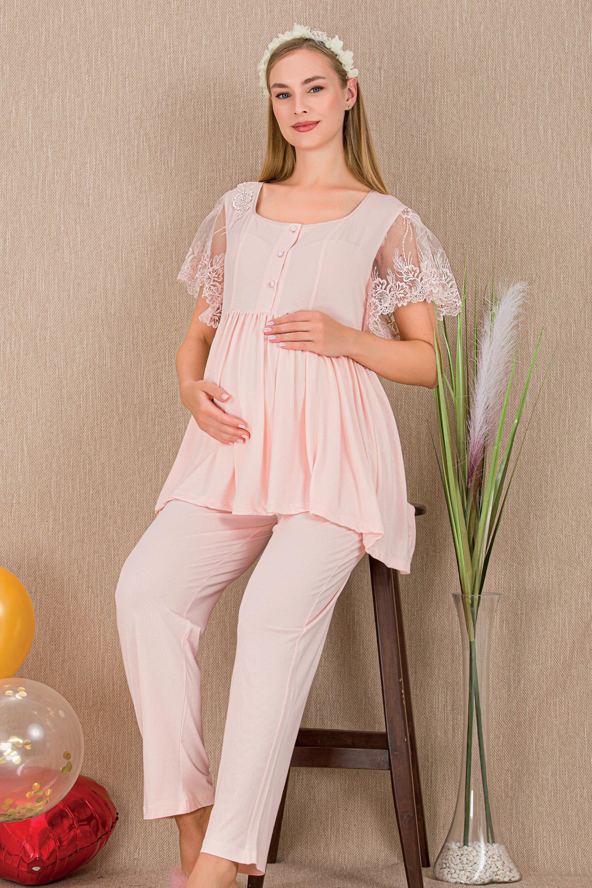 Lace Embroidered Maternity Feeding-Friendly Pajama Set Pink - Y33210