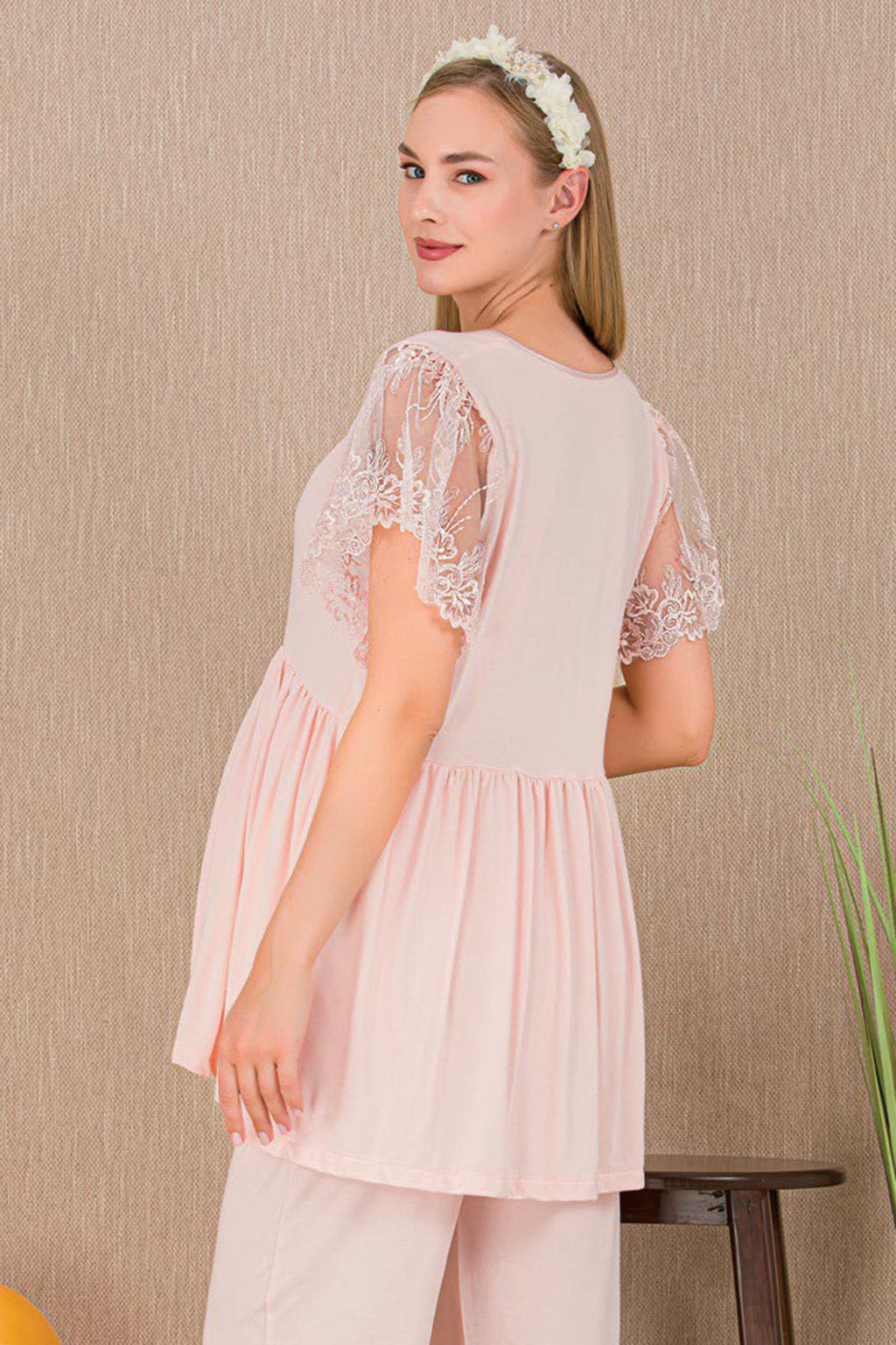 Lace Embroidered 3-Piece Maternity Feeding-Friendly Pajama & Robe Set Pink - Y33008