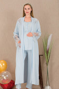 Lace Embroidered 3-Piece Maternity Feeding-Friendly Pajama & Robe Set Blue - Y33008