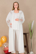 Lace Embroidered 3-Piece Maternity Feeding-Friendly Pajama & Robe Set Ecru - Y33008
