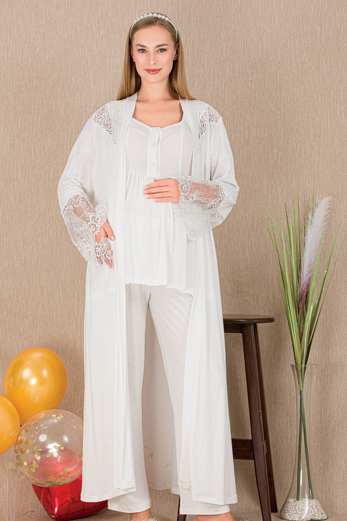 Lace Embroidered 3-Piece Maternity Feeding-Friendly Pajama & Robe Set Ecru - Y33008