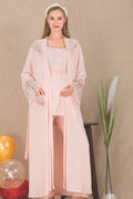 Lace Embroidered 3-Piece Maternity Feeding-Friendly Pajama & Robe Set Pink - Y33008