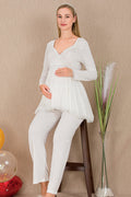 Lacy Double Breasted Maternity Feeding-Friendly Pajama Set Ecru - Y33212