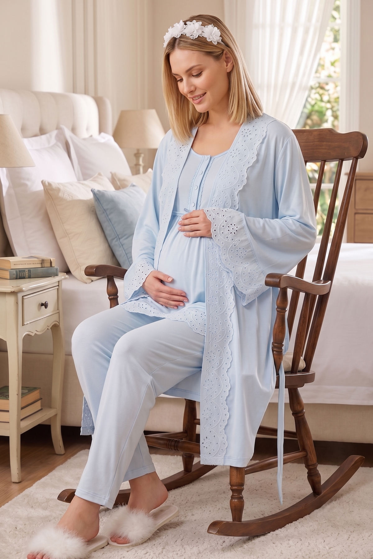 Embroidered 3-Piece Maternity Feeding-Friendly Pajama & Robe Set Blue - Y33011