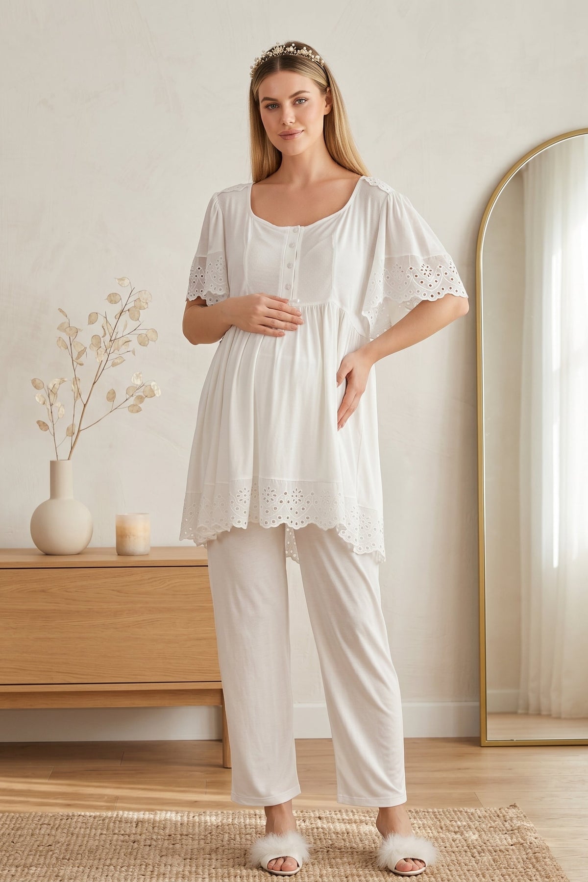 Embroidered 3-Piece Maternity Feeding-Friendly Pajama & Robe Set Ecru - Y33011