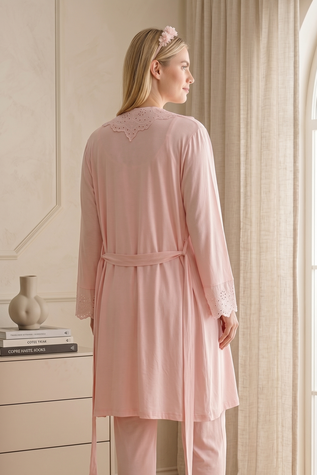 Embroidered 3-Piece Maternity Feeding-Friendly Pajama & Robe Set Pink - Y33011