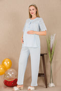 Lace Collar Maternity Feeding-Friendly Pajama Set Blue - Y33206