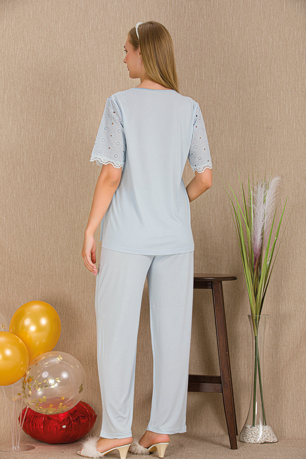 Lace Collar Maternity Feeding-Friendly Pajama Set Blue - Y33206