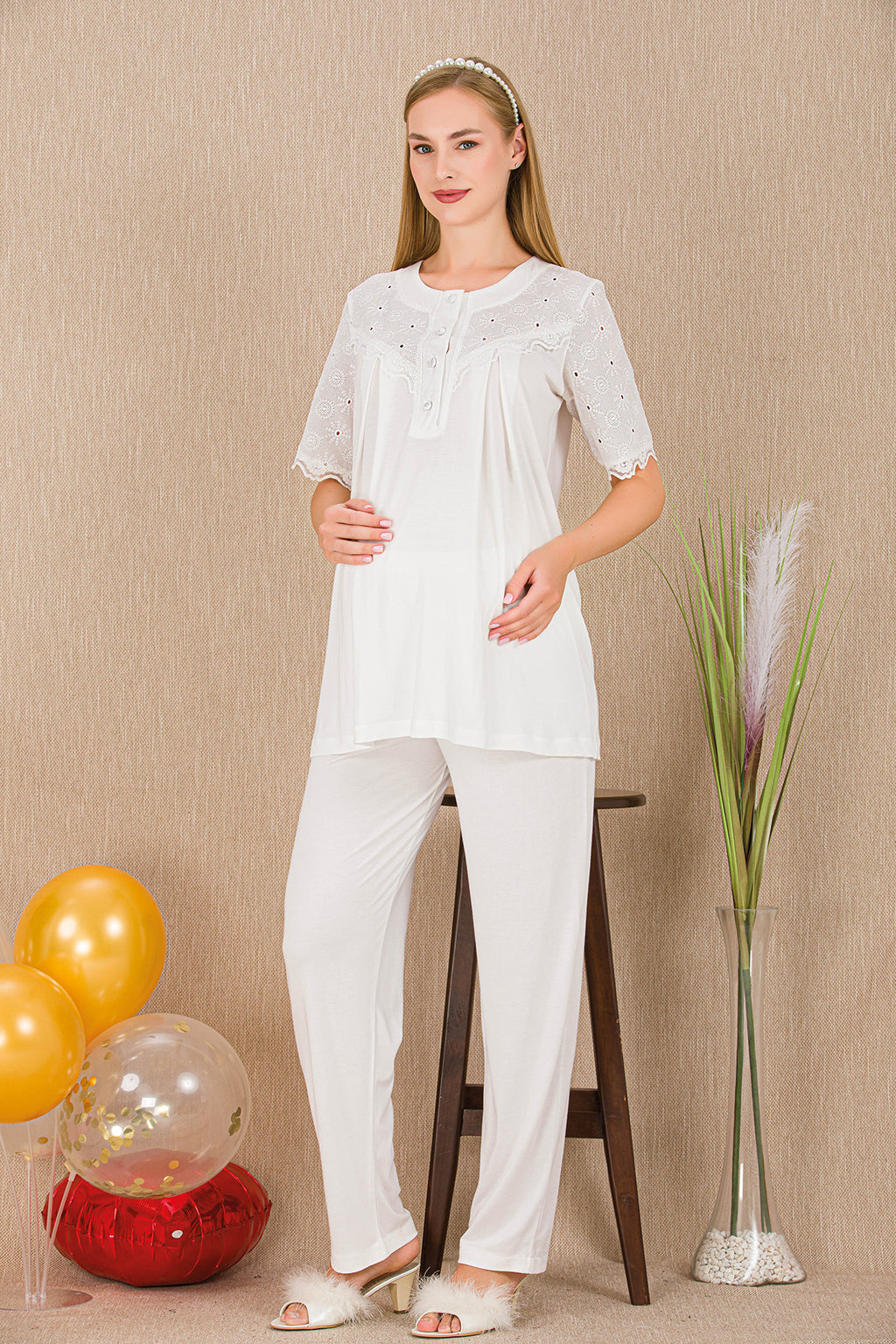Lace Collar Maternity Feeding-Friendly Pajama Set Ecru - Y33206