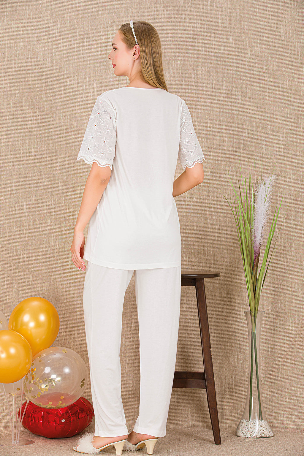 Lace Collar Maternity Feeding-Friendly Pajama Set Ecru - Y33206