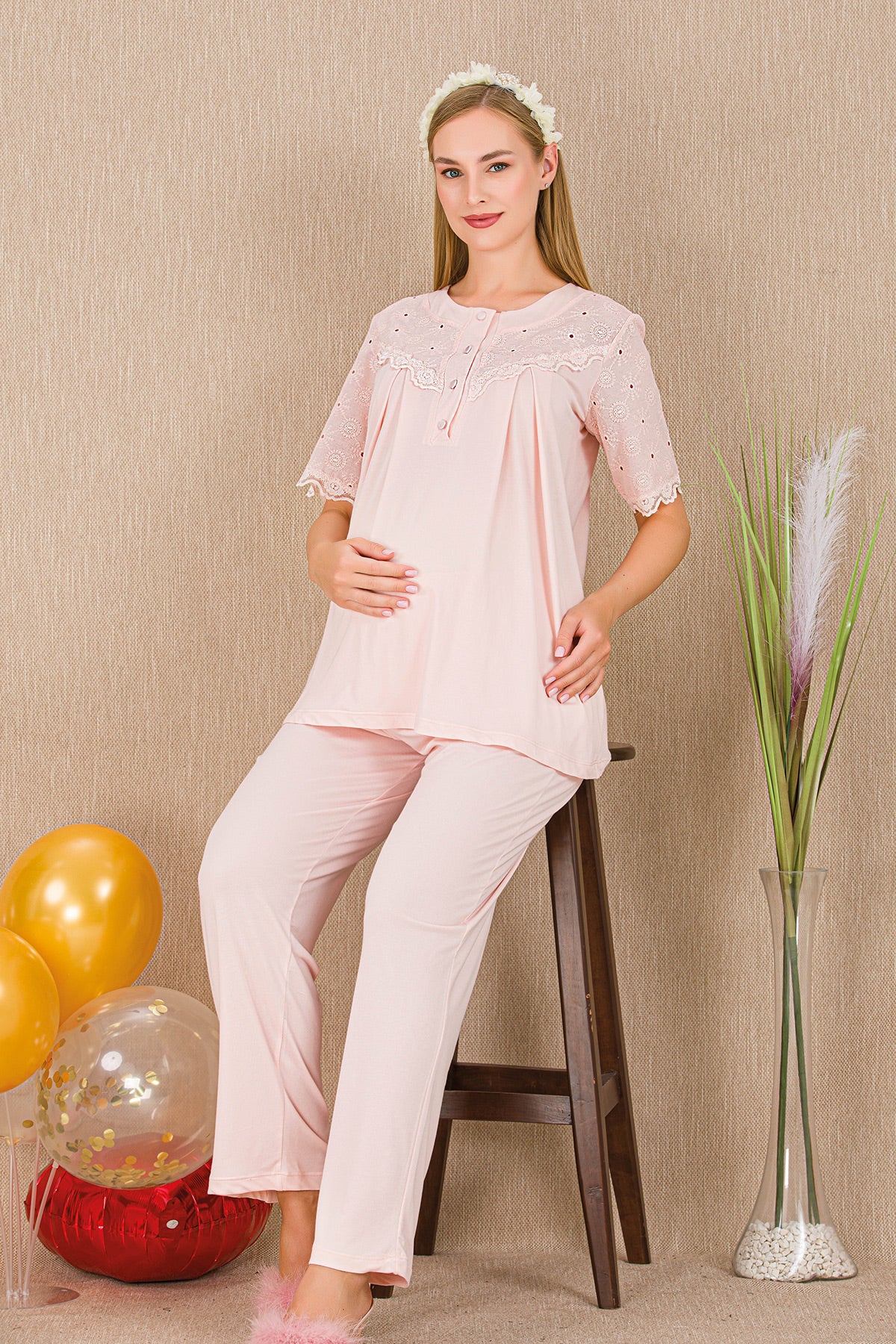Lace Collar Maternity Feeding-Friendly Pajama Set Pink - Y33206