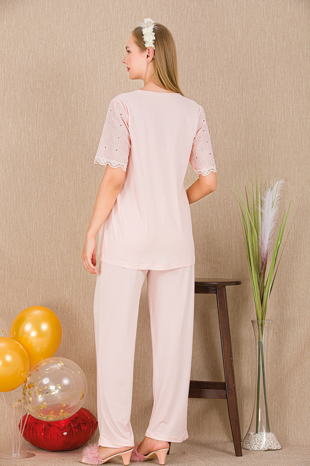 Lace Collar Maternity Feeding-Friendly Pajama Set Pink - Y33206