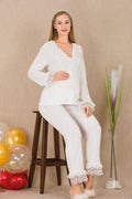 Lace Detailed Maternity Feeding-Friendly Pajama Set Ecru - Y33208