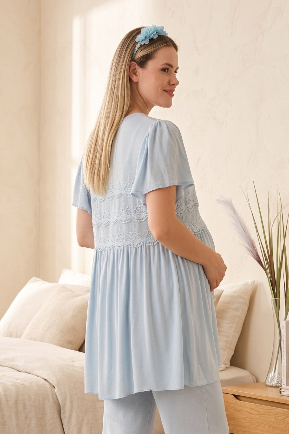 Lace Collar and Lace Back Maternity Feeding-Friendly Pajama Set Blue - Y33213