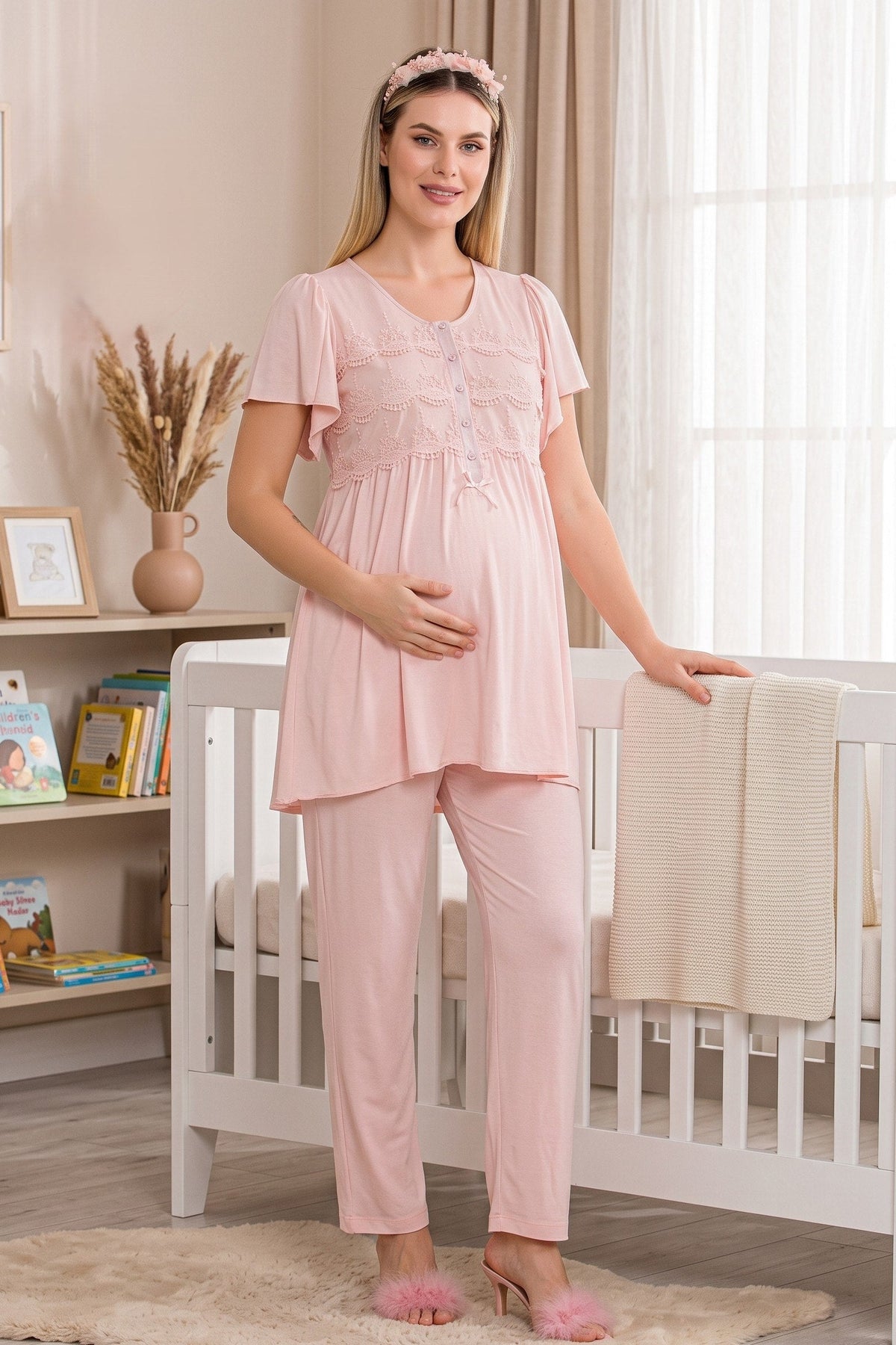 Lace Collar and Lace Back Maternity Feeding-Friendly Pajama Set Pink - Y33213