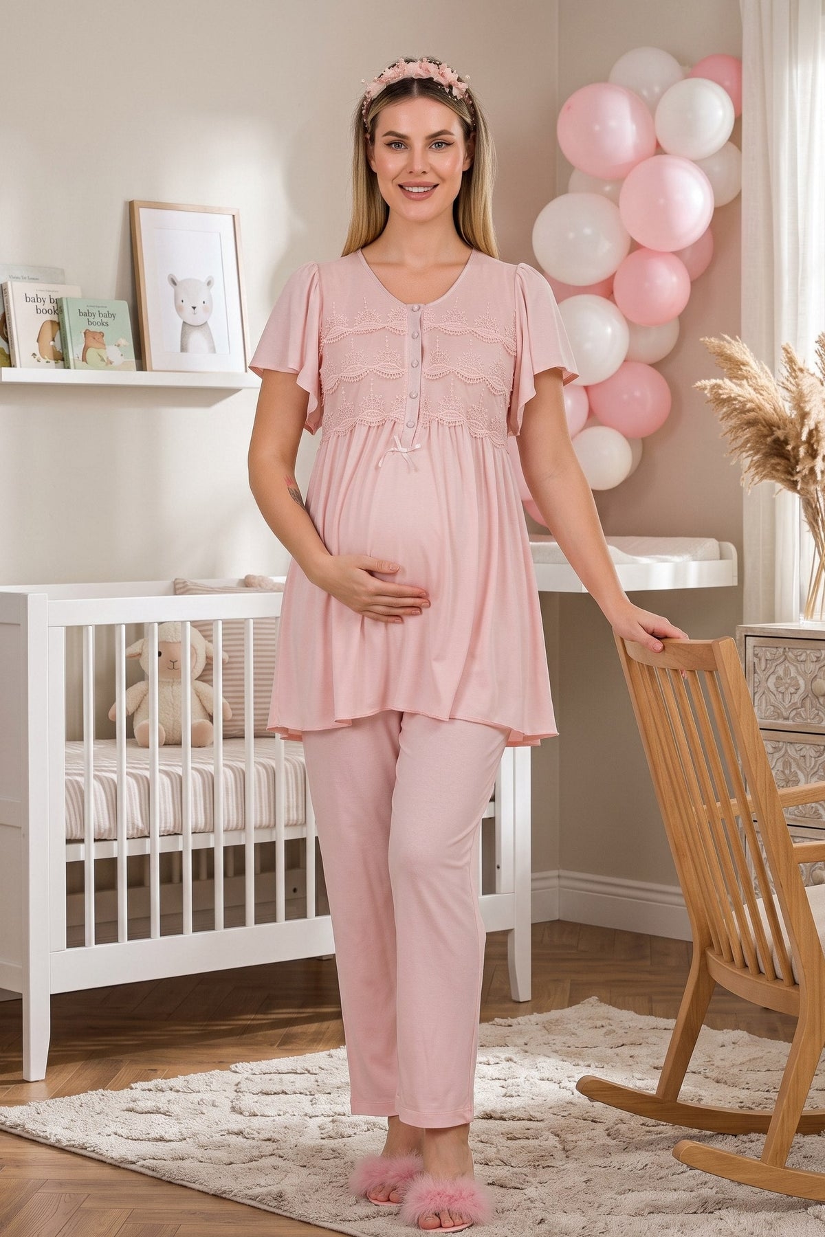 Lace Collar and Lace Back Maternity Feeding-Friendly Pajama Set Pink - Y33213