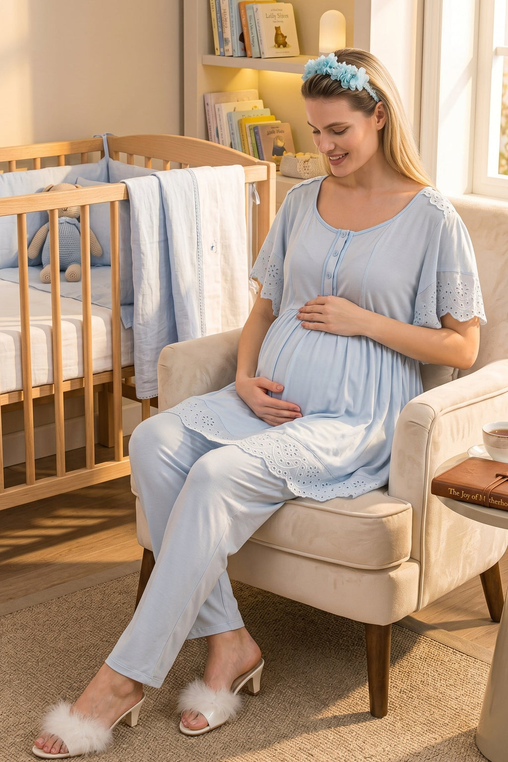 Embroidered Maternity Feeding-Friendly Pajama Set Blue - Y33214