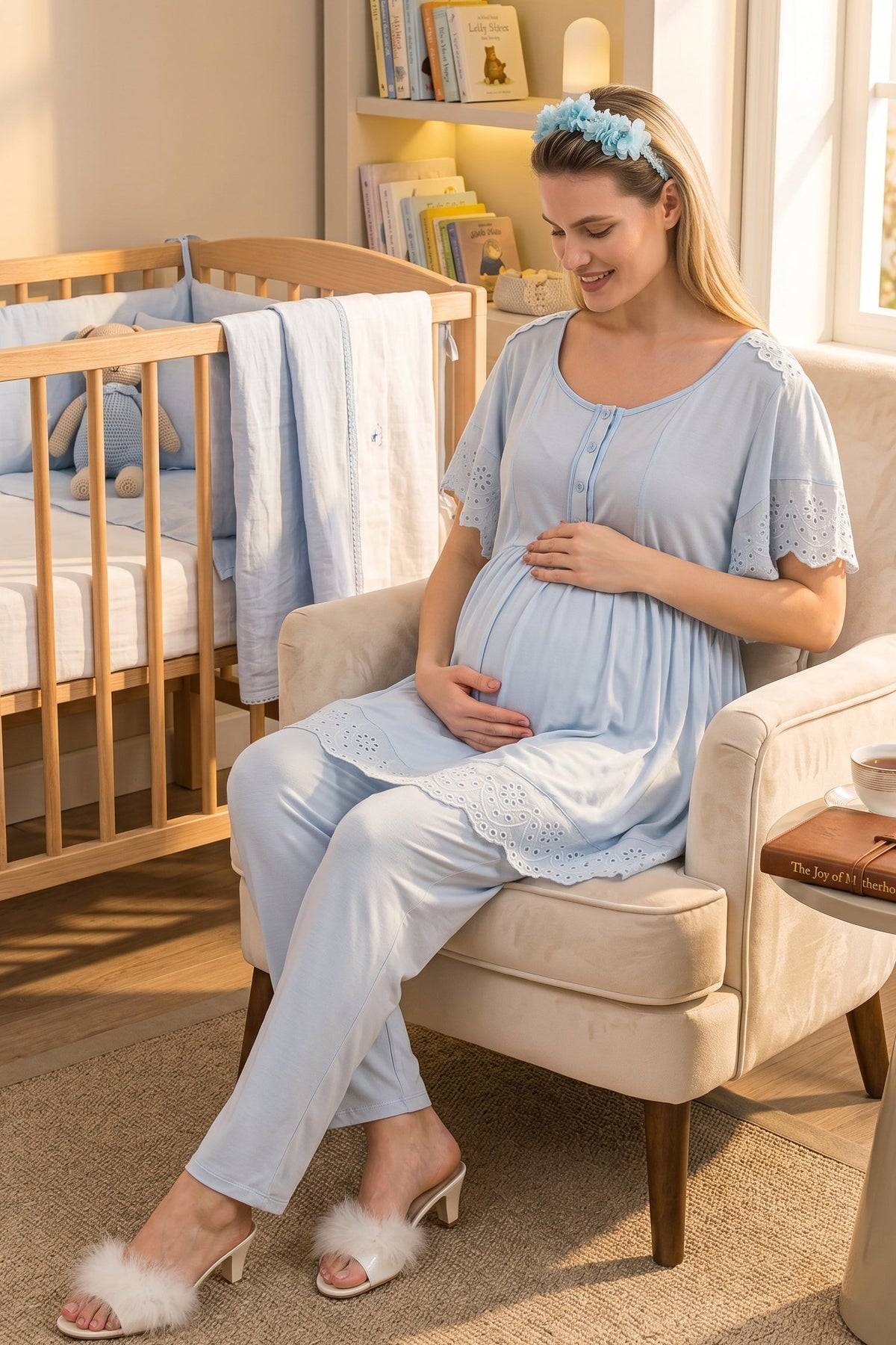 Embroidered Maternity Feeding-Friendly Pajama Set Blue - Y33214