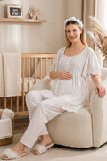 Embroidered Maternity Feeding-Friendly Pajama Set Ecru - Y33214