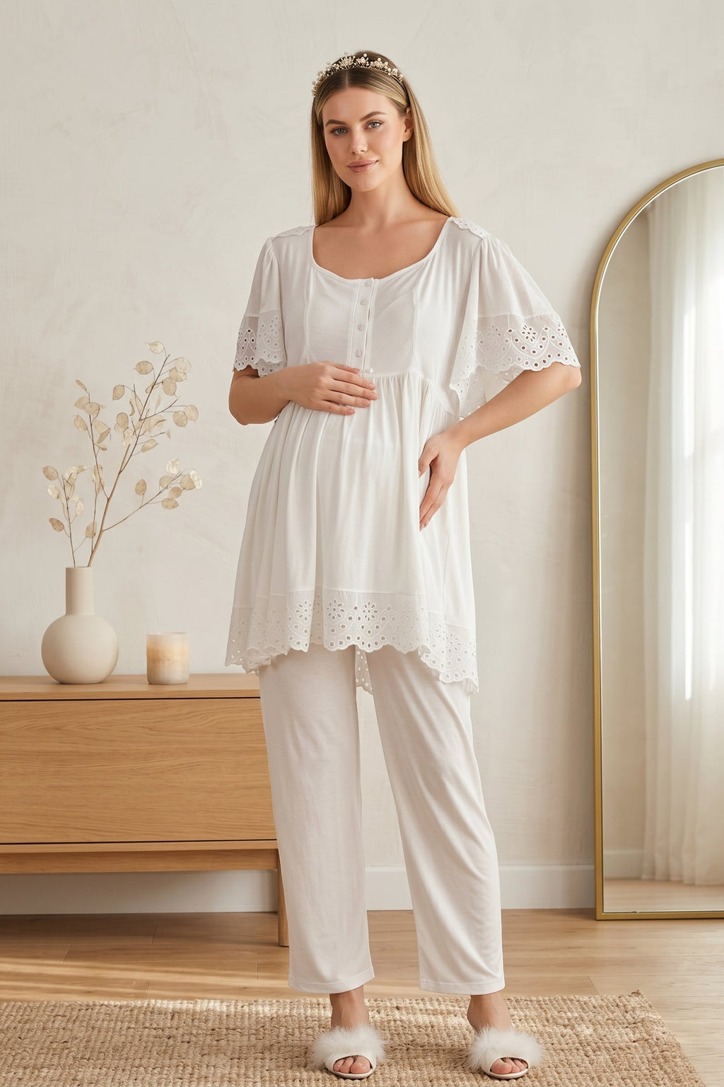 Embroidered Maternity Feeding-Friendly Pajama Set Ecru - Y33214