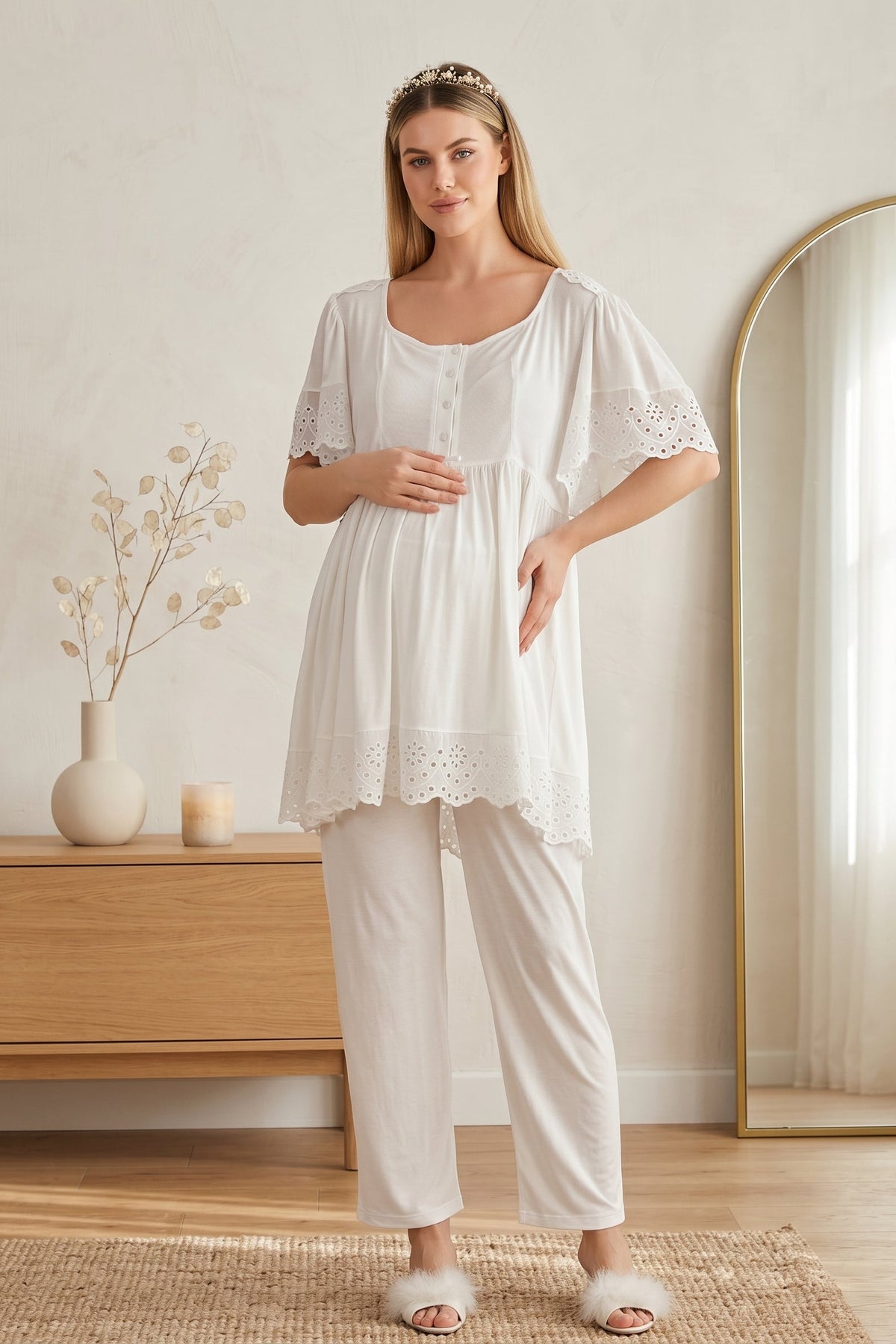 Embroidered Maternity Feeding-Friendly Pajama Set Ecru - Y33214