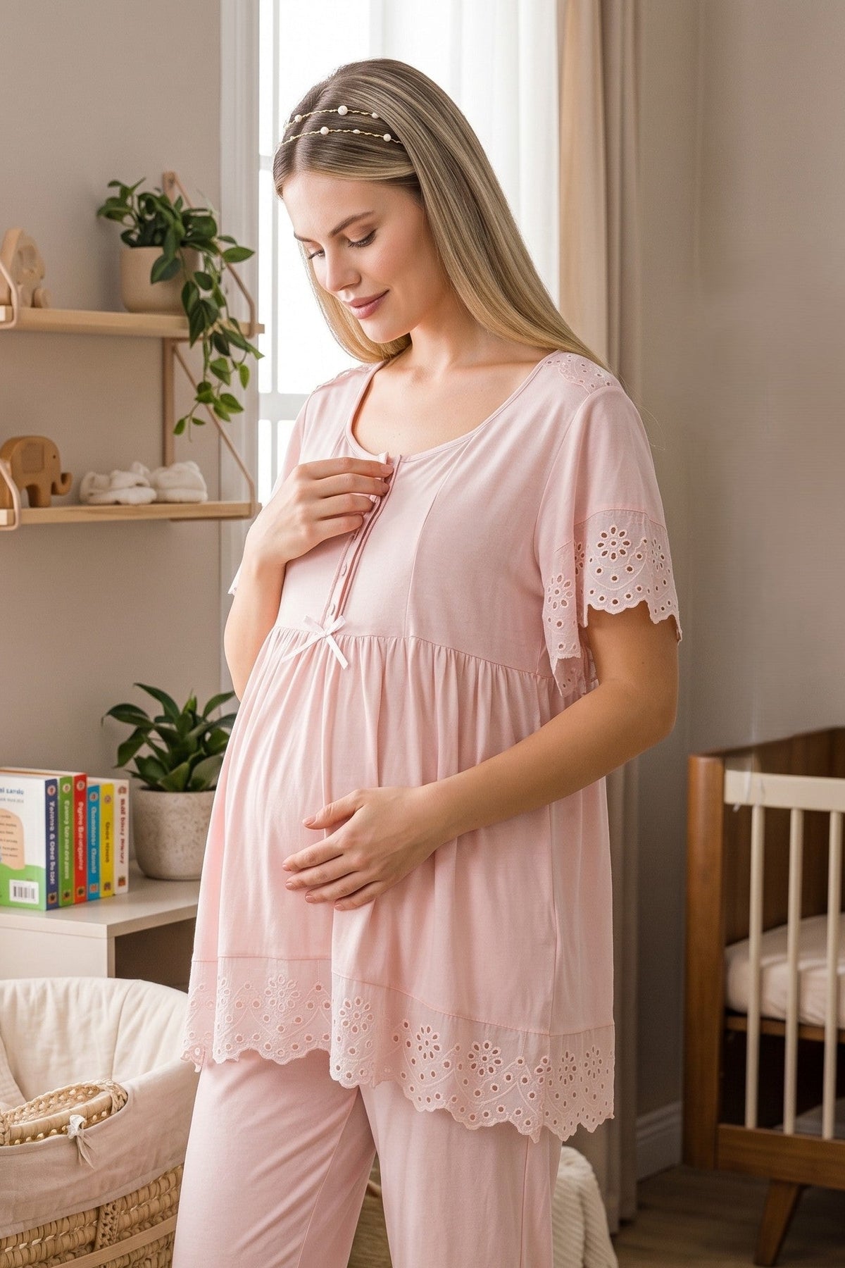 Embroidered Maternity Feeding-Friendly Pajama Set Pink - Y33214