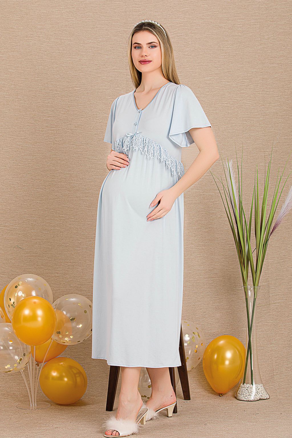 Lacy Panel Maternity Feeding-Friendly Nightgown & Robe Set Blue - Y33500