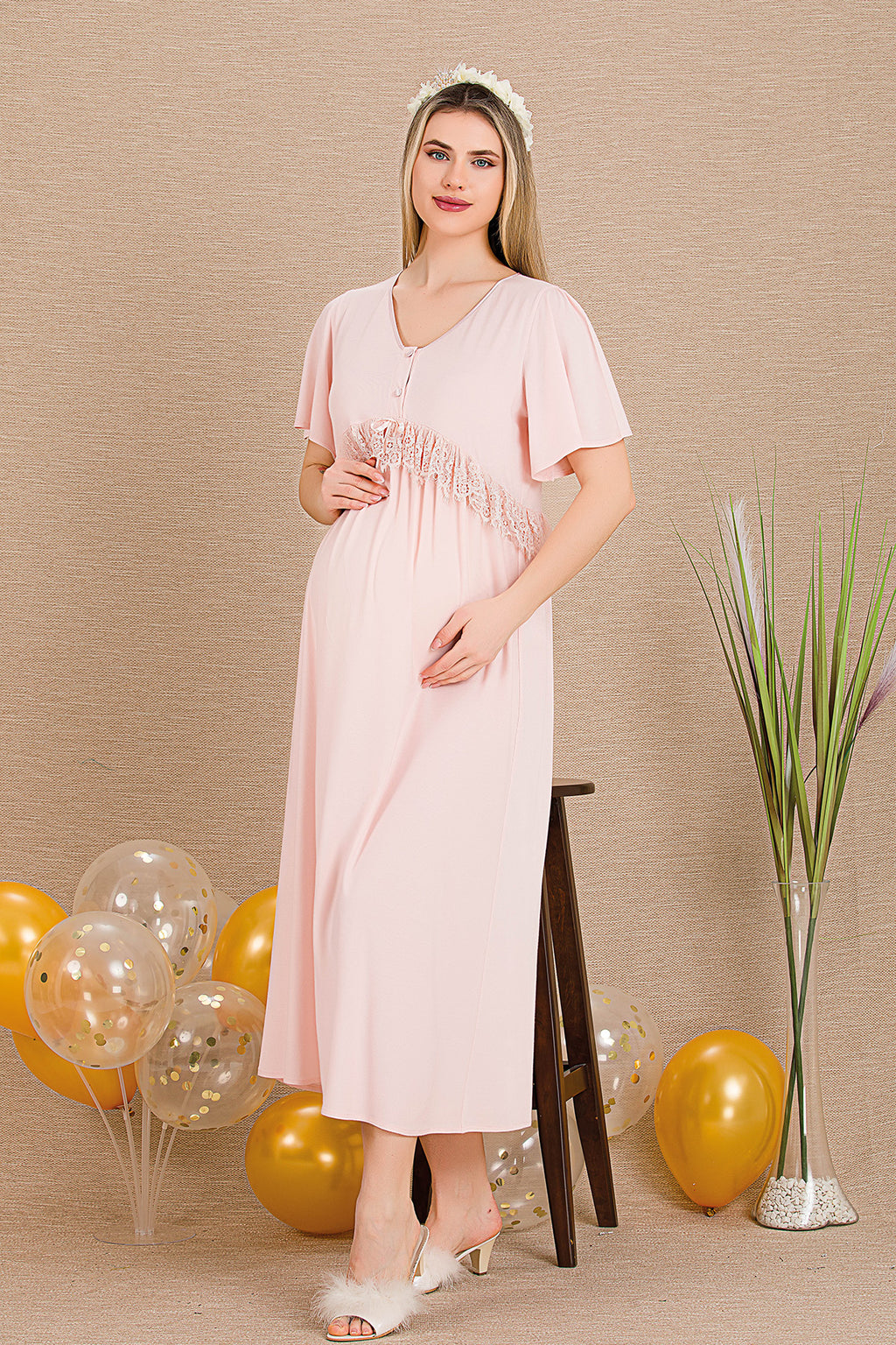 Lacy Panel Maternity Feeding-Friendly Nightgown Pink - Y33401